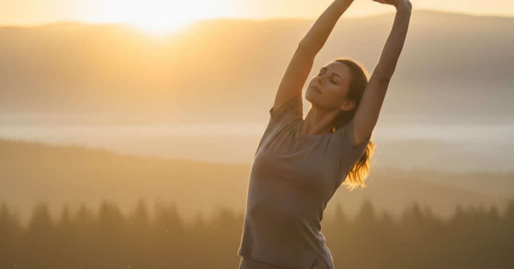 Sunrise with person stretching
