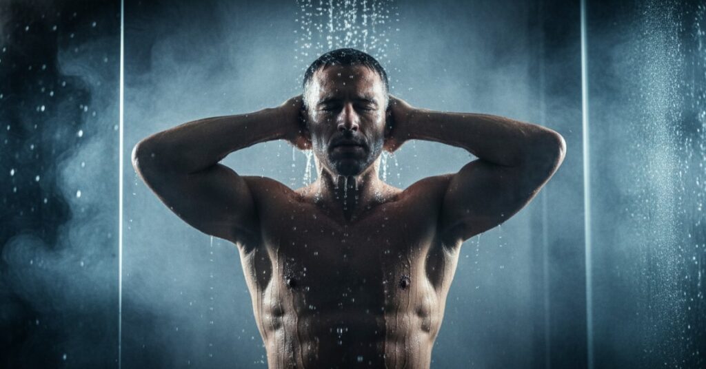 Cold exposure: man under cold shower