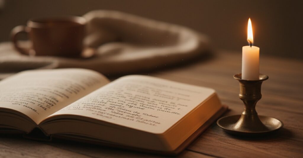 Reflection: journal with candlelight