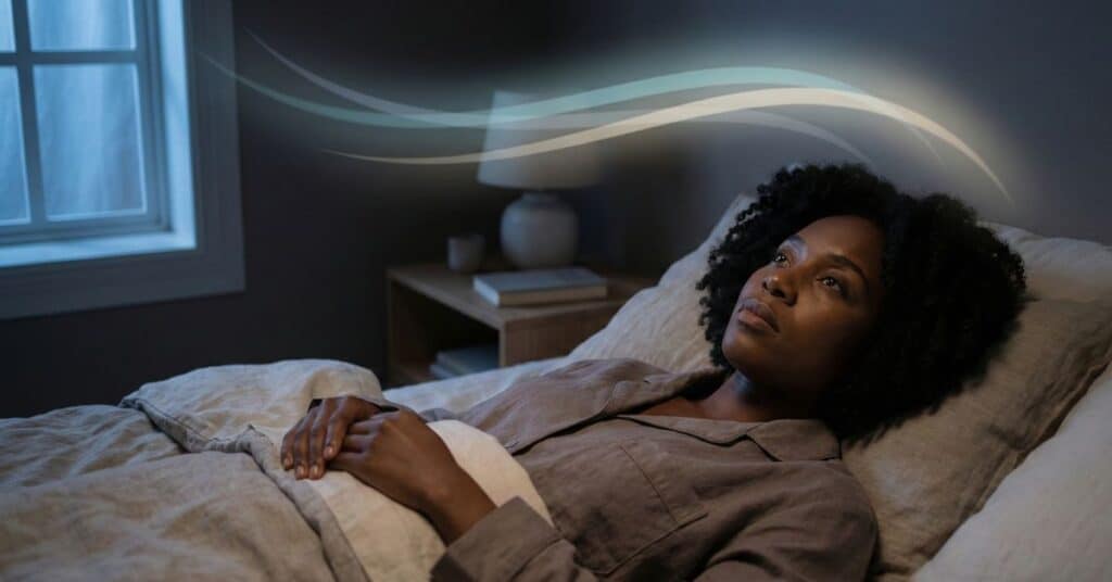 person lying awake in dark bedroom with racing thoughts at night