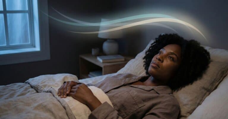 person lying awake in dark bedroom with racing thoughts at night