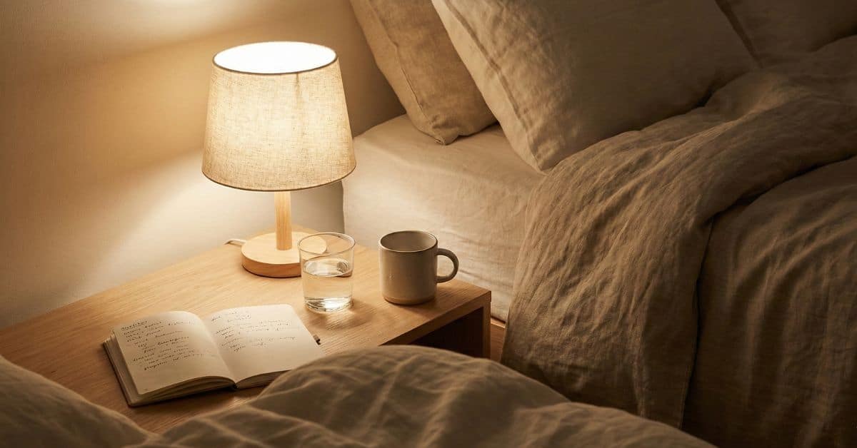 Notebook and dim lamp on bedside table as part of a calming nighttime wind-down routine
