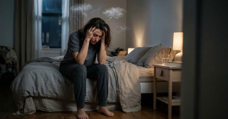 Person experiencing signs of nervous system dysregulation including stress, tension, and mental overwhelm