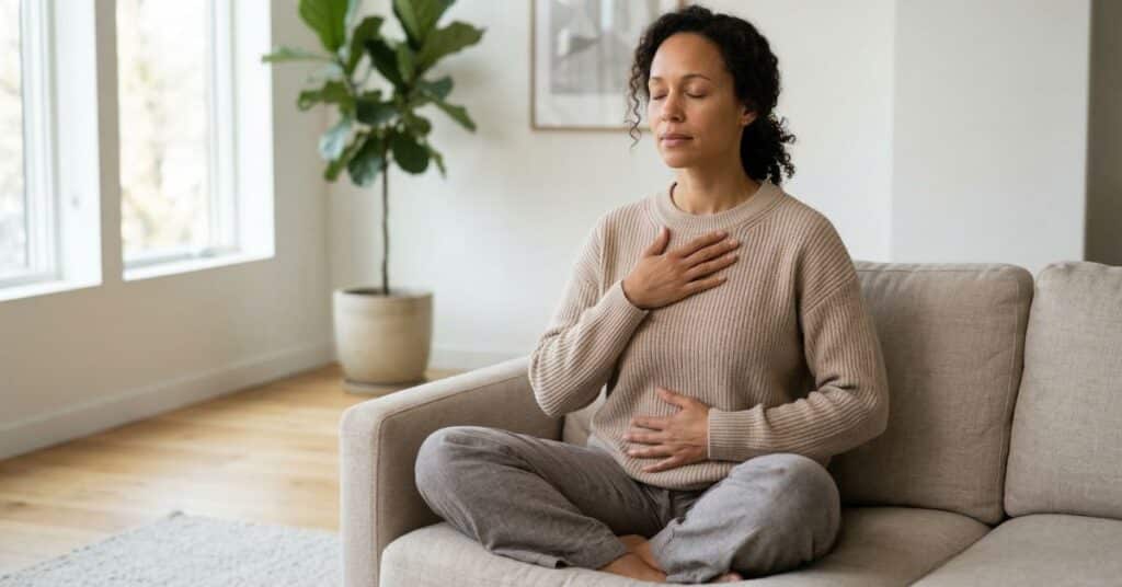 Person practicing calm breathing and nervous system reset exercises in peaceful setting